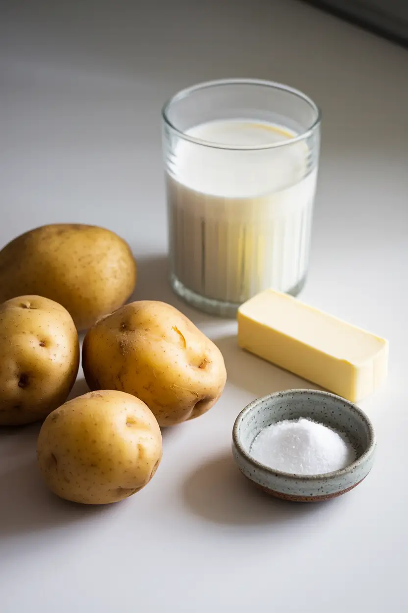 Key ingredients for 4 Ingredient Potato Soup laid out on a countertop.