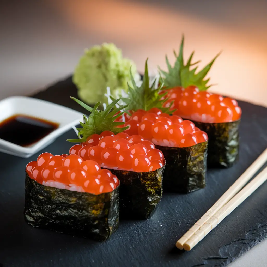 A plate of salmon roe sushi (Ikura sushi) with vibrant orange-red roe, garnished with shiso leaves and served with soy sauce.