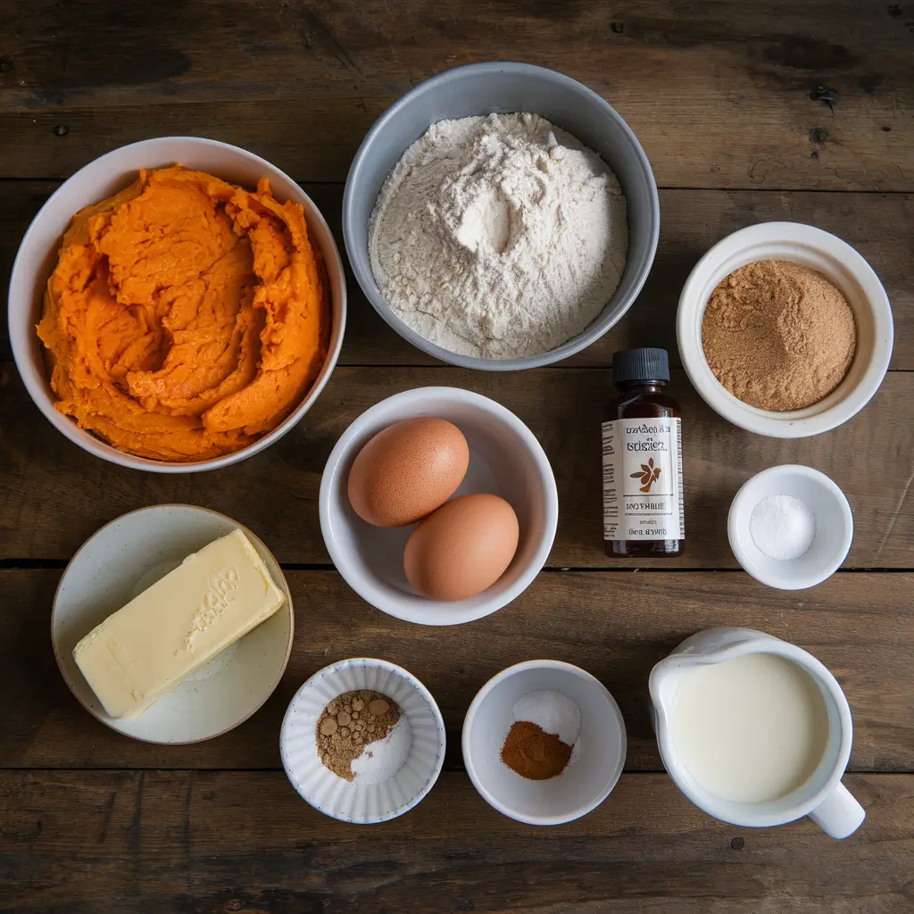 Fresh ingredients for sweet potato bread, including sweet potatoes, flour, sugar, eggs, and spices.