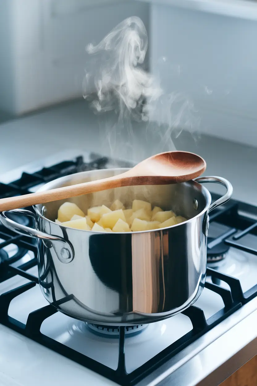 Boiling diced potatoes in a large pot on the stove.