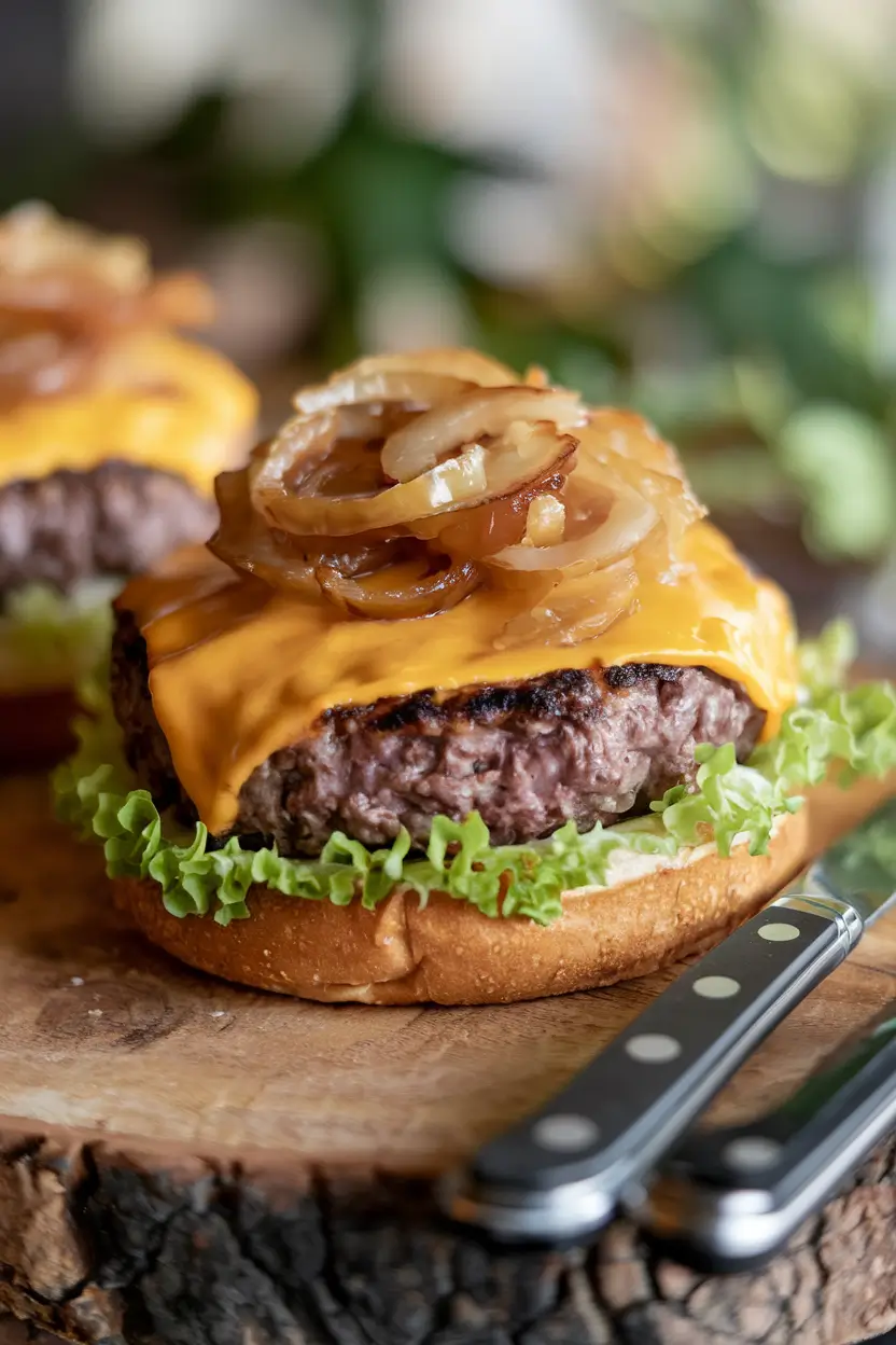 Close-up of a Blackstone burger with crispy crust, melted cheese, and onions.