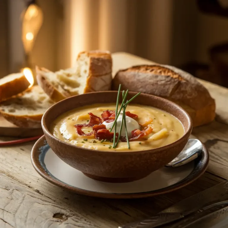 A beautifully presented bowl of creamy 4-Ingredient Potato Soup, garnished with fresh toppings and served with crusty bread.