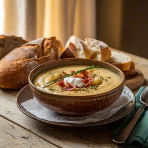 A bowl of creamy potato soup topped with chives, bacon, and sour cream.