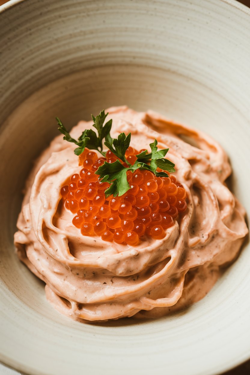 Creamy pasta topped with salmon roe and garnished with fresh parsley.