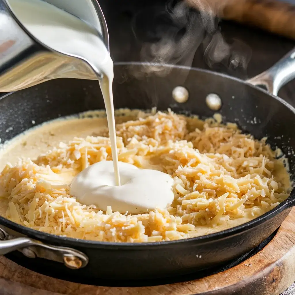 Heavy cream and Parmesan cheese forming a creamy sauce in a skillet