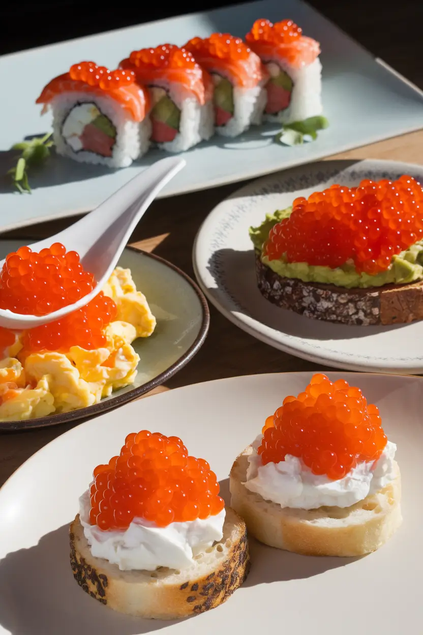 Creative dishes featuring salmon roe: sushi rolls, avocado toast, scrambled eggs, and blinis.