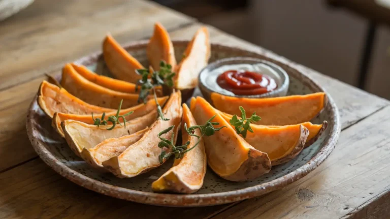 Golden crispy white sweet potato wedges served with garlic aioli on a rustic plate