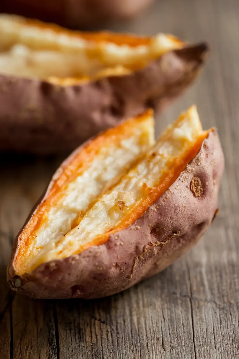 A crispy white sweet potato wedge with a bite taken out, showing its soft interior.