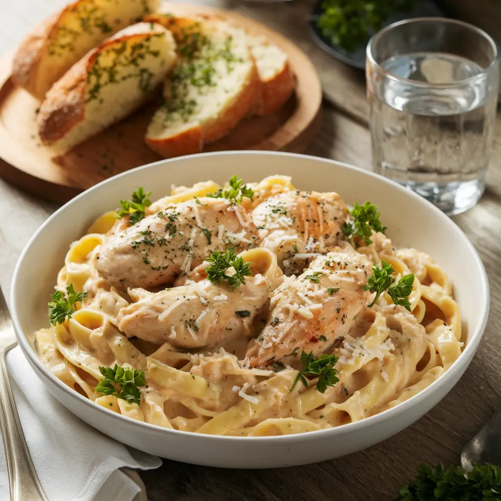 Garlic Parmesan chicken pasta served with garlic bread