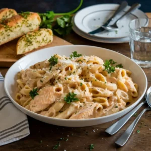 Garlic Parmesan chicken pasta served with garlic bread