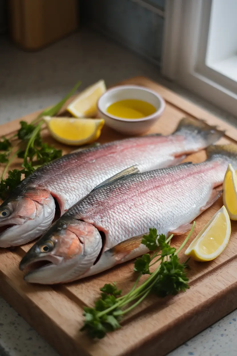 Two fresh whole steelhead trout on a wooden cutting board with parsley, lemon wedges, and a bowl of olive oil.