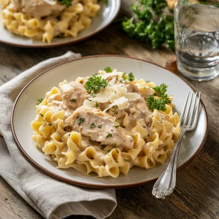 Garlic Parmesan Chicken Pasta garnished with parsley and Parmesan