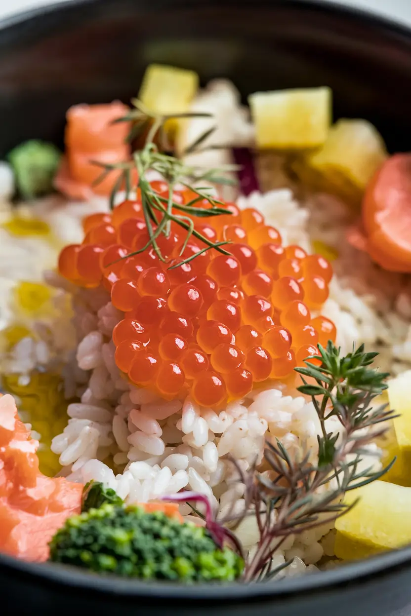 Salmon roe served in a bowl with fresh herbs and dressing.