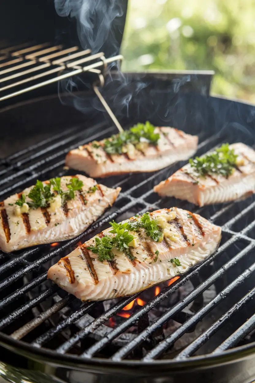 Steelhead trout fillets on a grill, brushed with garlic butter and topped with parsley.