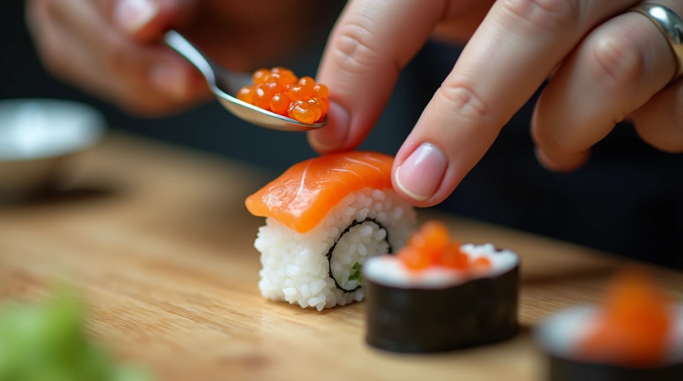 Hands assembling Gunkan-Maki sushi with salmon roe, shaping rice and wrapping it in nori.