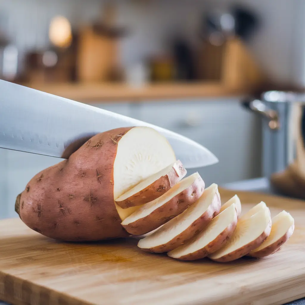 A white sweet potato being sliced into even wedges on a cutting board.