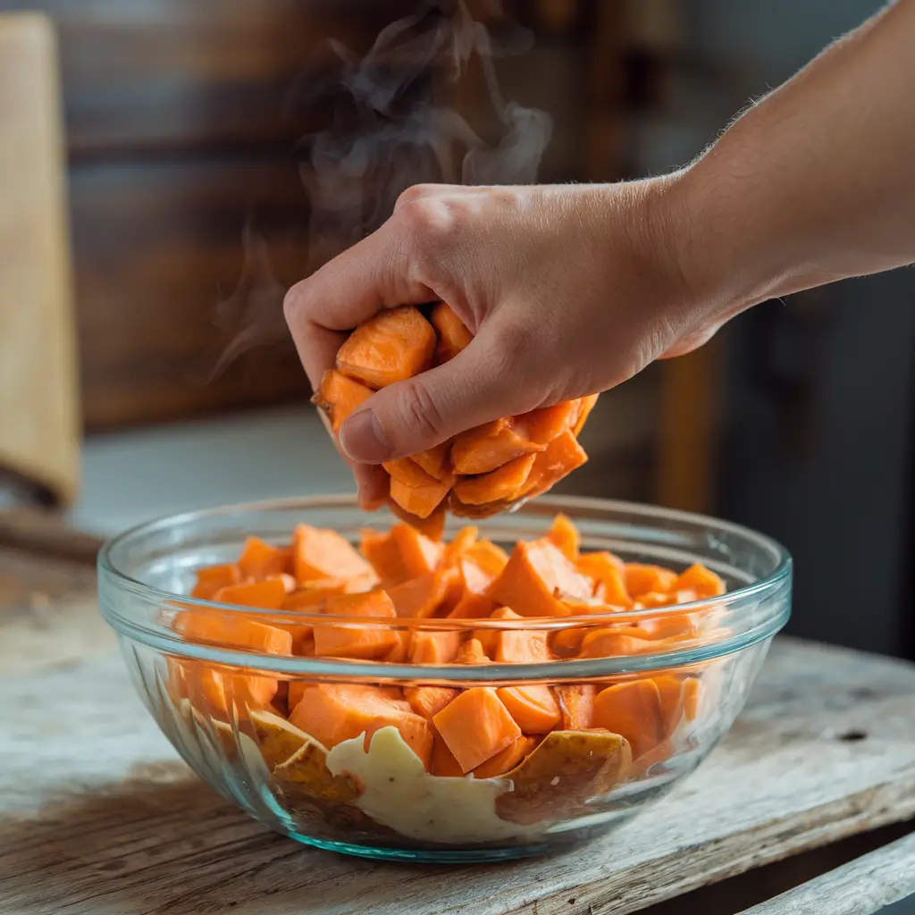 A hand mashing roasted sweet potatoes in a glass bowl, creating a smooth consistency.