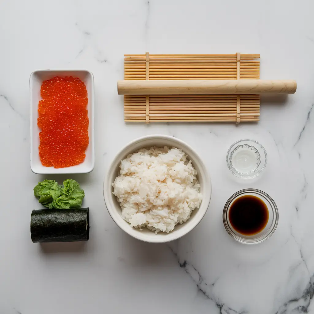 A top-down view of sushi ingredients including rice, salmon roe, nori, rice vinegar, and a sushi rolling mat.