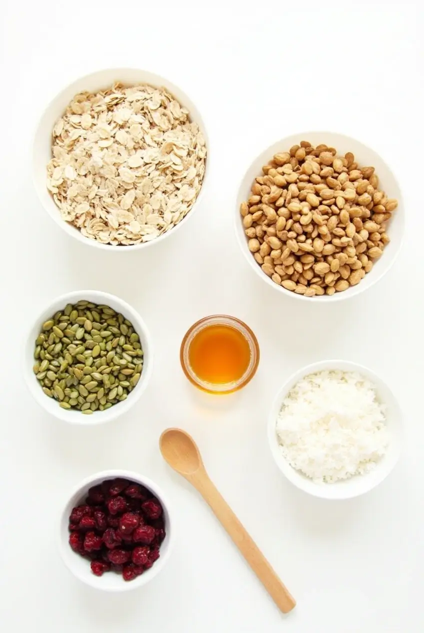 Top-down view of ingredients for nut-free granola on a wooden surface