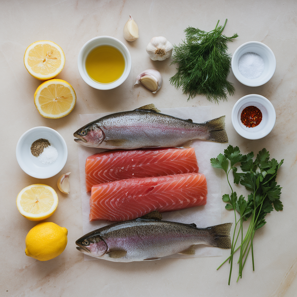 Ingredients for steelhead trout recipe arranged on a countertop.