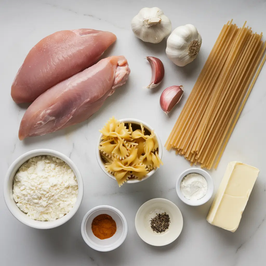 Ingredients for garlic Parmesan chicken pasta arranged on a marble countertop.