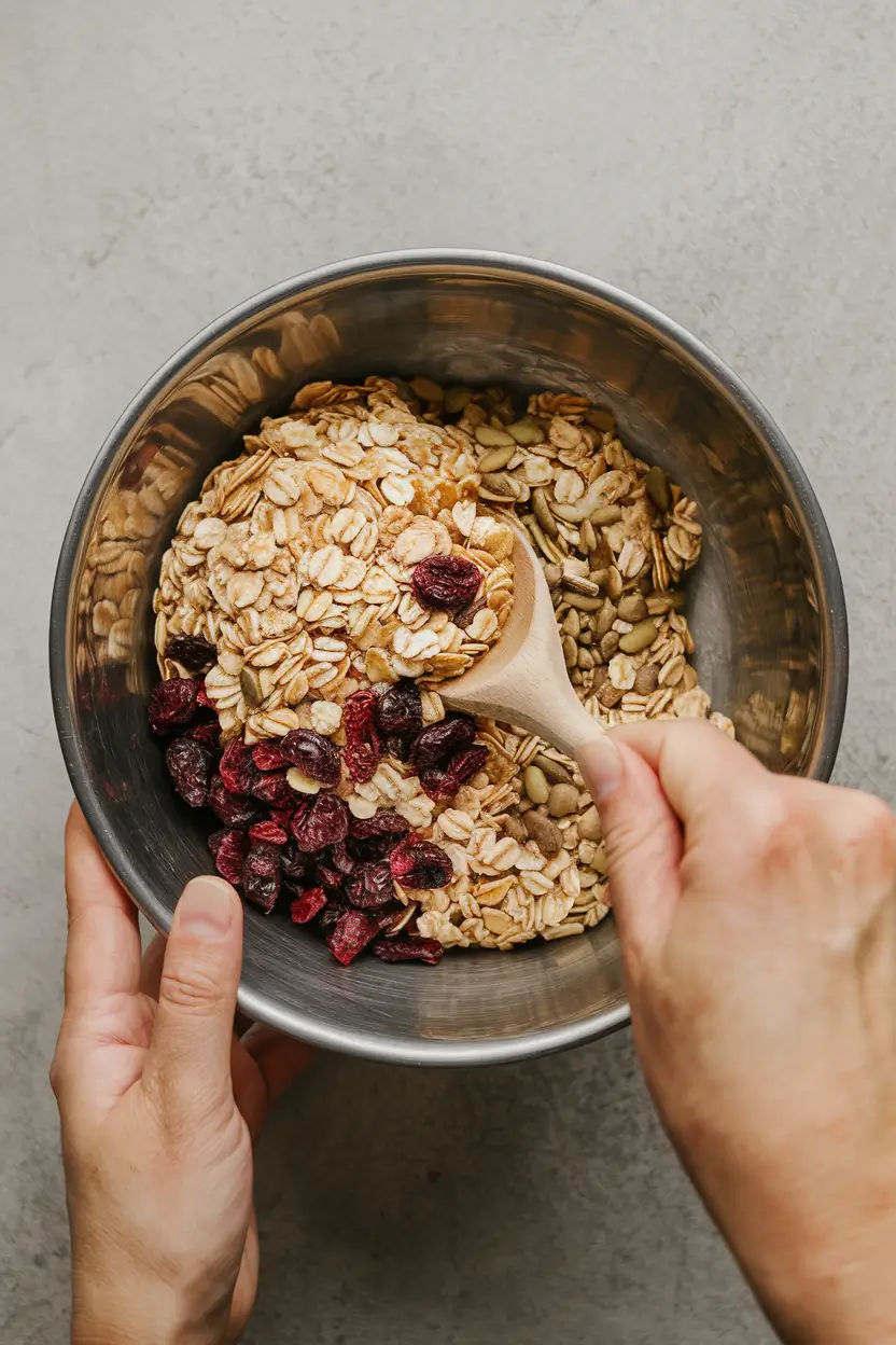 Top-down view of granola ingredients being mixed in a glass bowl.