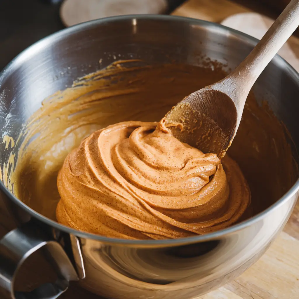 A wooden spoon stirring thick sweet potato bread batter in a large mixing bowl.