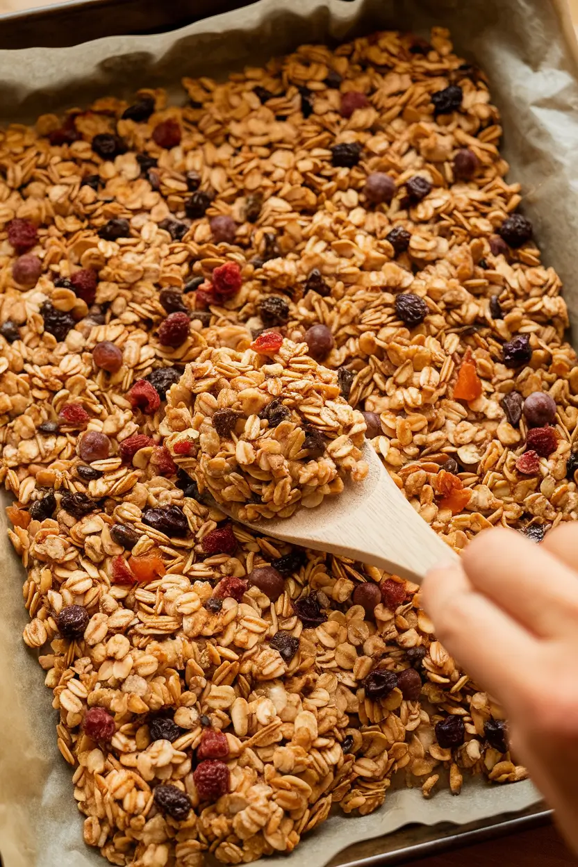 Top-down view of granola spread on a baking tray