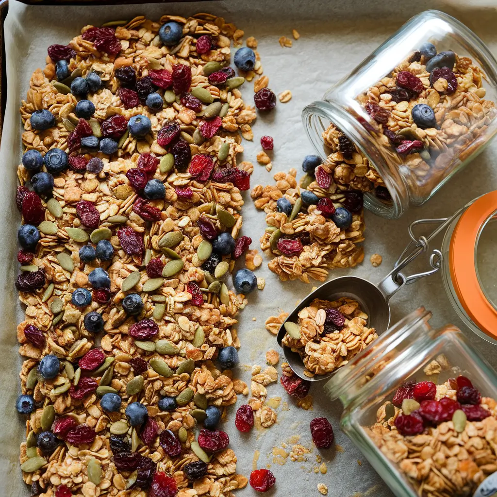 Top-down view of jarred nut-free granola with berries and honey.