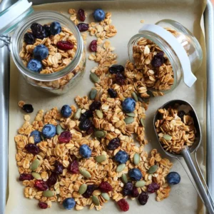 Top-down view of jarred nut-free granola with berries and honey.