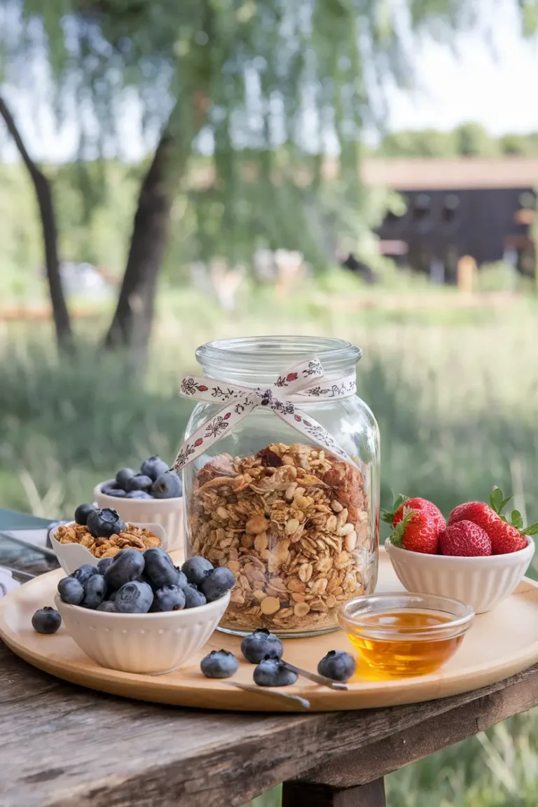 Top-down view of nut-free granola with fresh berries and seeds.