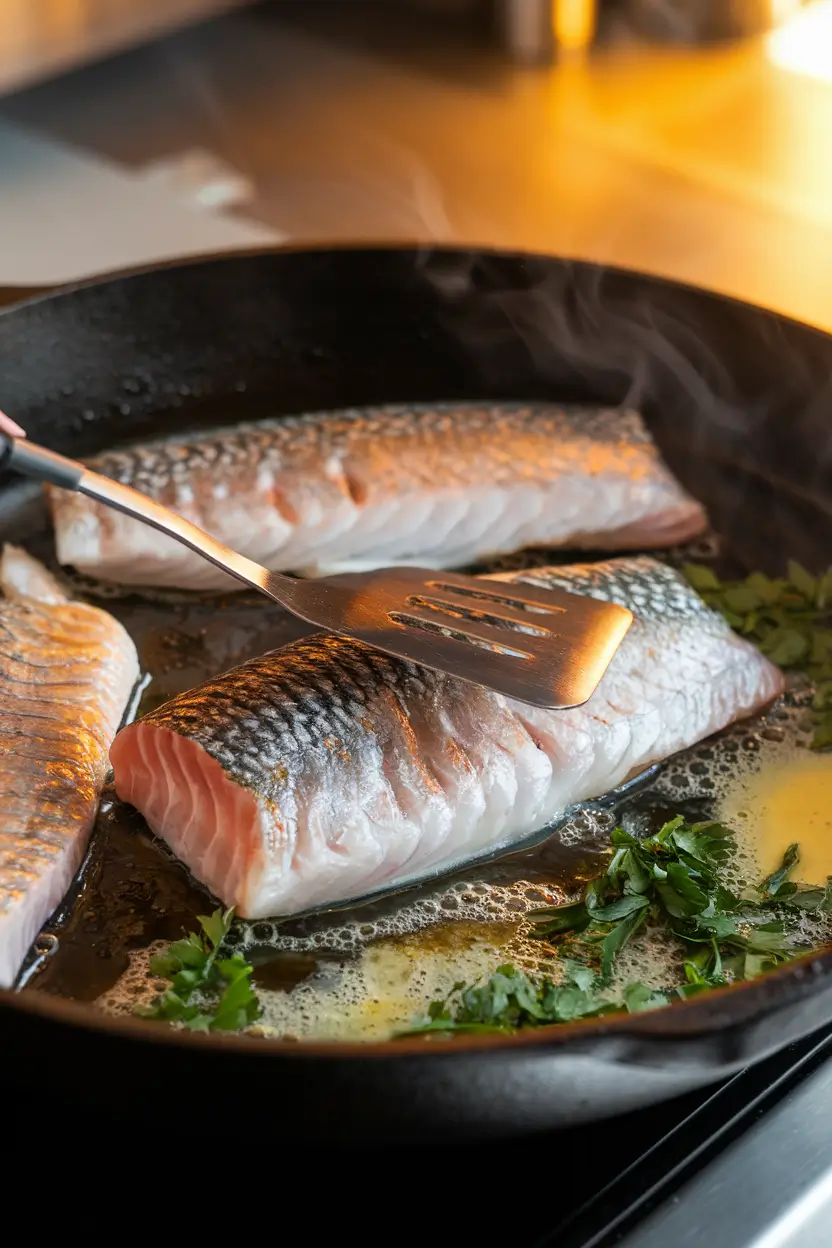 Steelhead trout fillets in a skillet with crispy golden-brown skin being flipped with a spatula