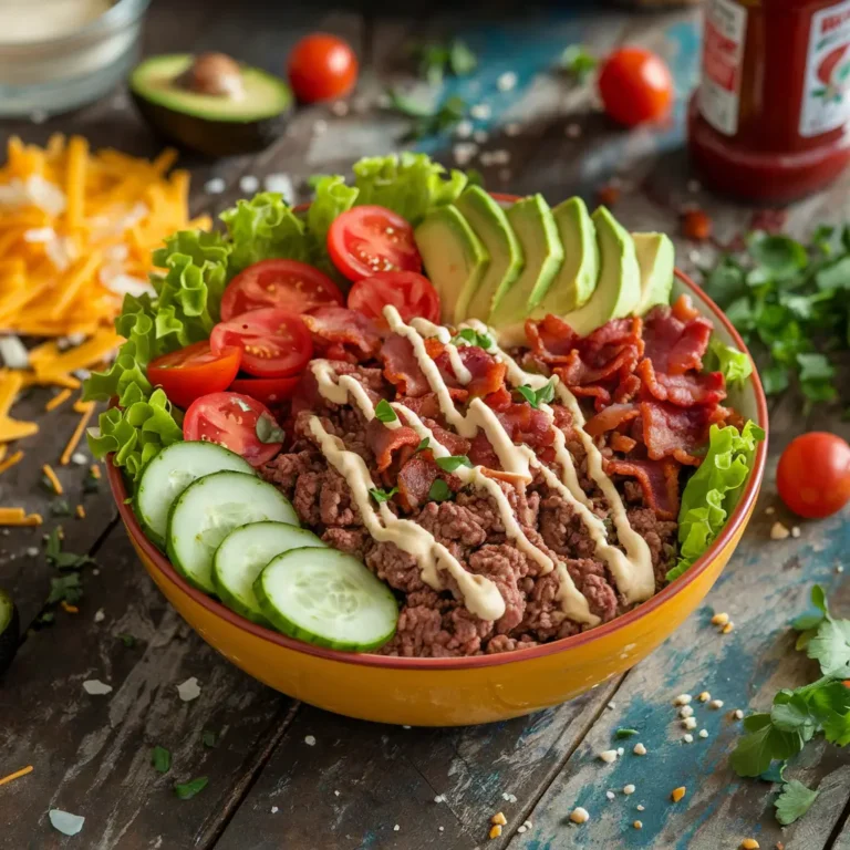 A vibrant burger bowl with fresh ingredients and creamy sauce