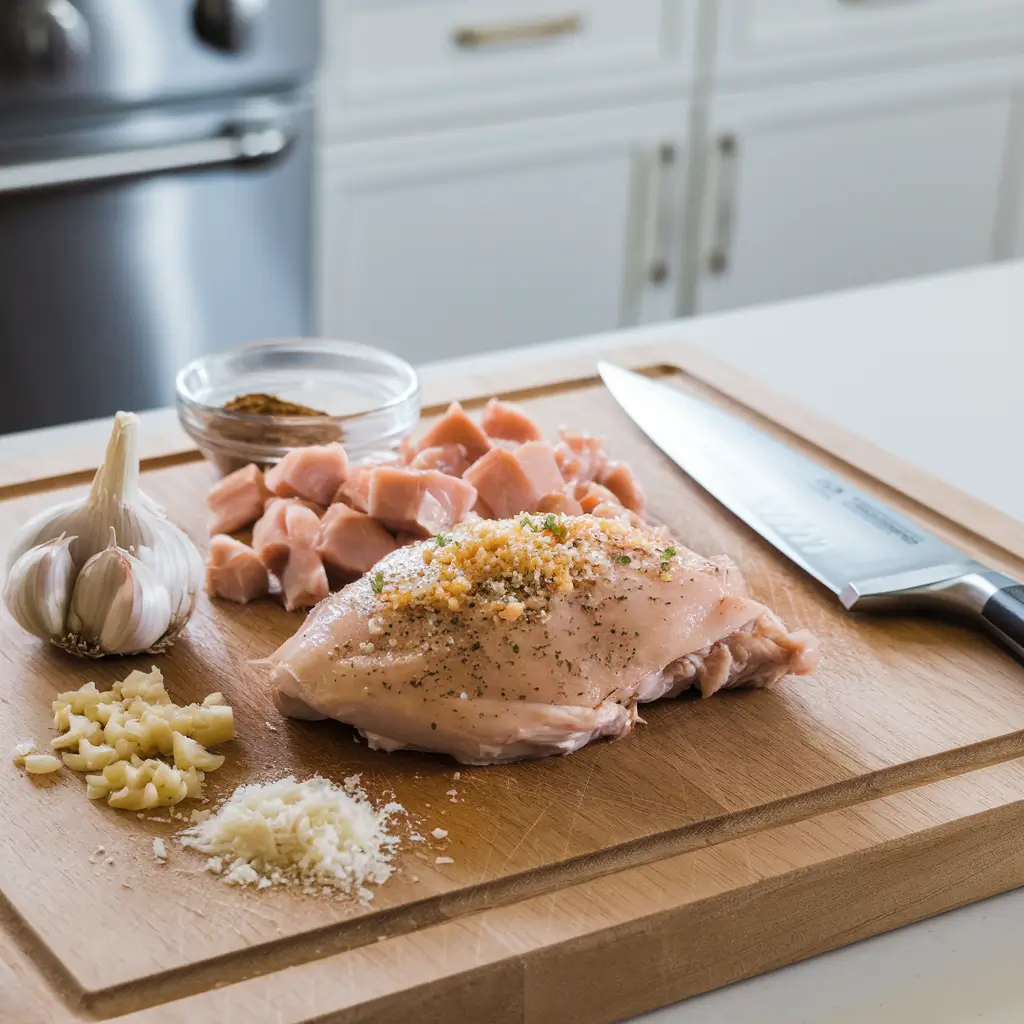 Minced garlic, cubed chicken, and grated Parmesan on a wooden cutting board