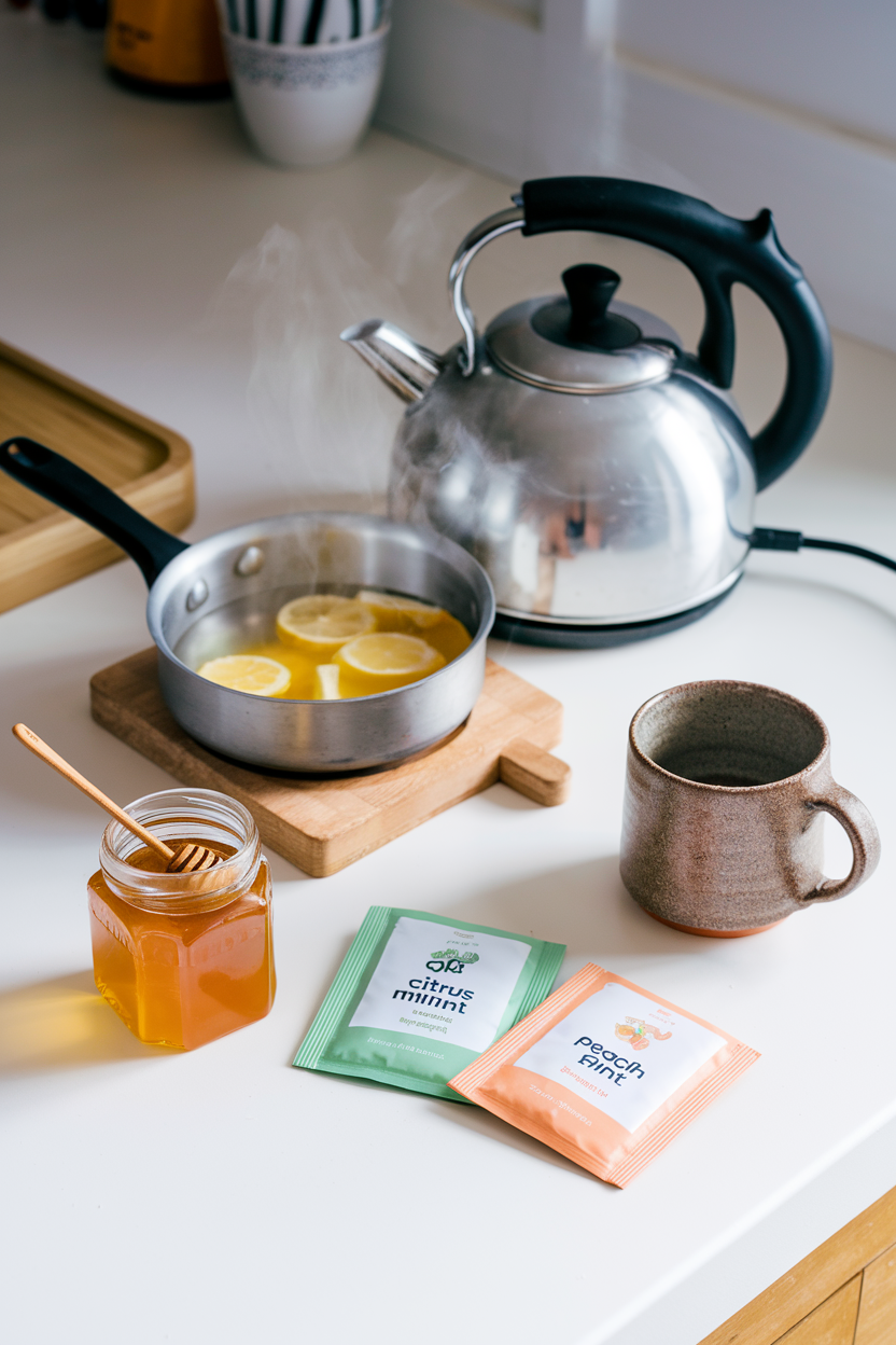 All ingredients for Starbucks Medicine Ball, including tea bags, honey, hot water, and lemonade.