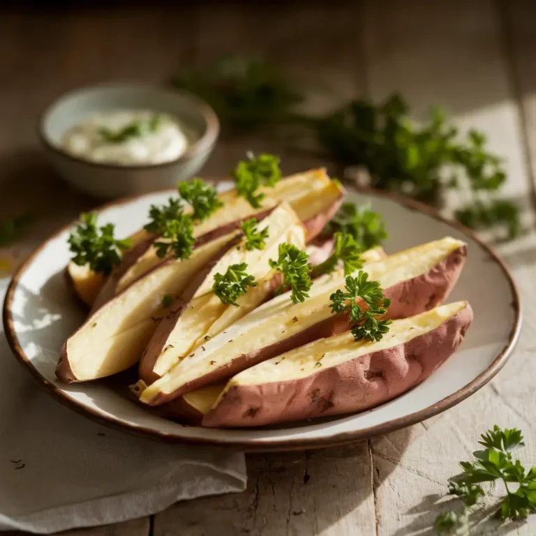 A plate of roasted white sweet potato wedges with dipping sauce