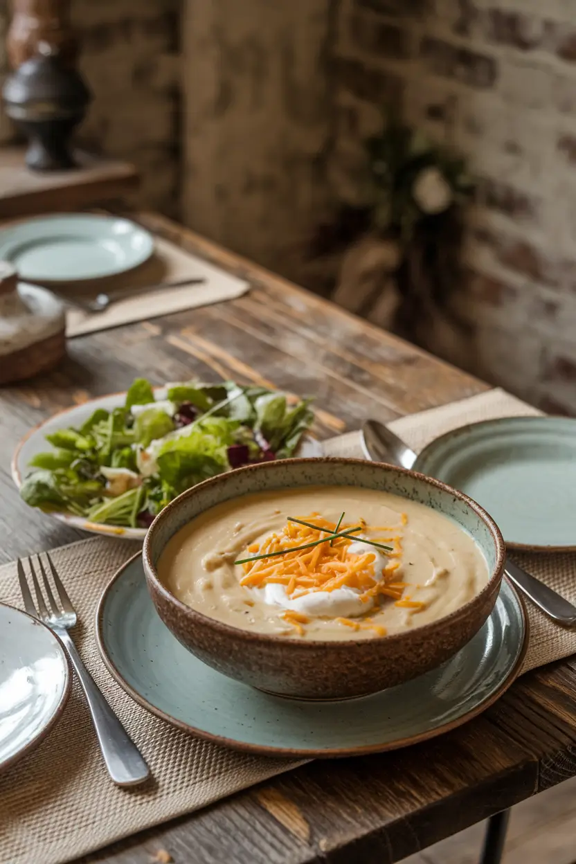 A bowl of garnished potato soup served with salad and wine.