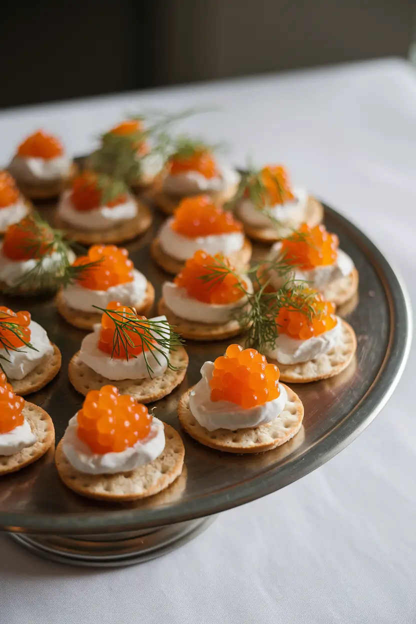 Mini salmon roe canapés with creme fraiche and dill on crackers.