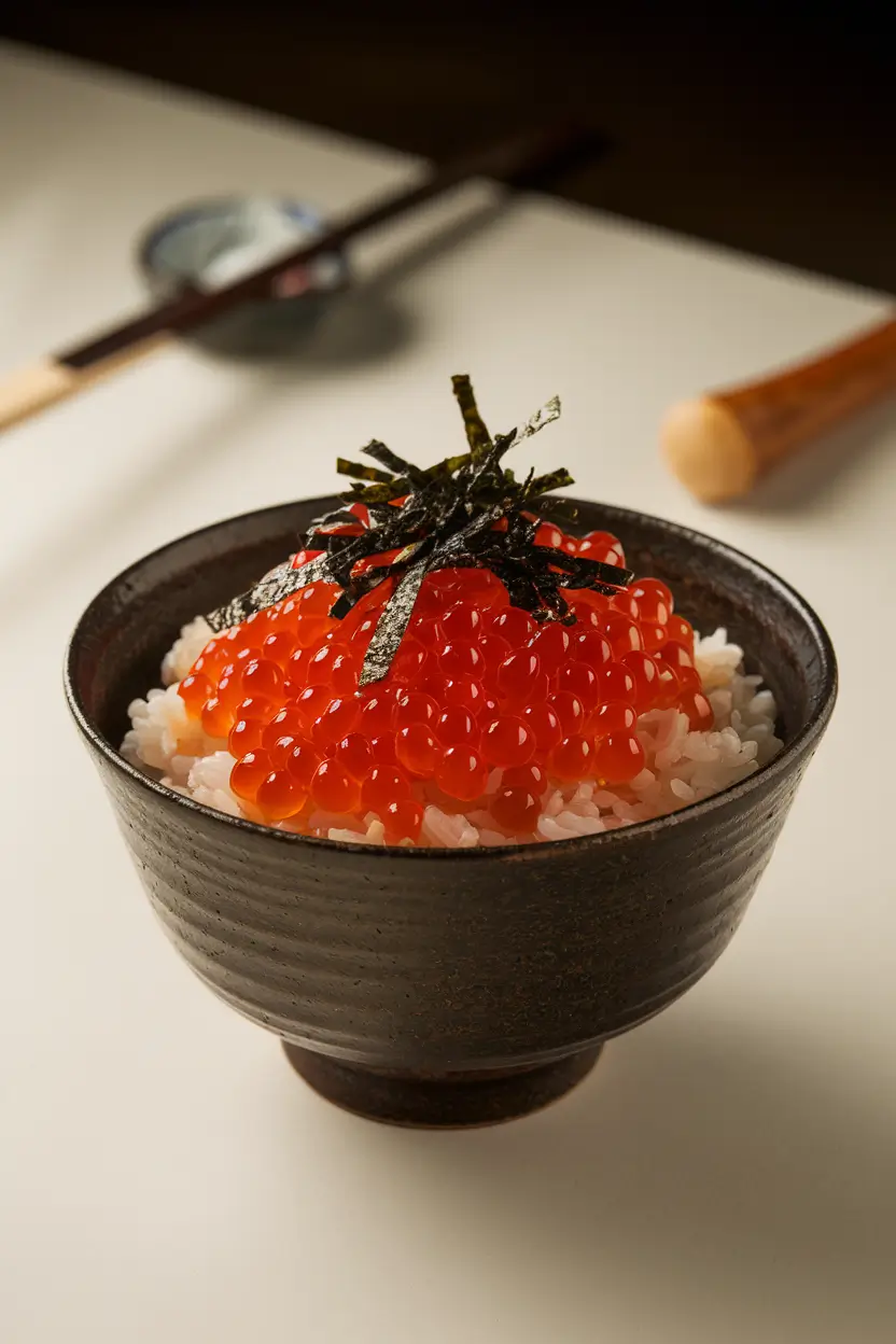 Ikura donburi rice bowl topped with salmon roe, garnished with nori strips.