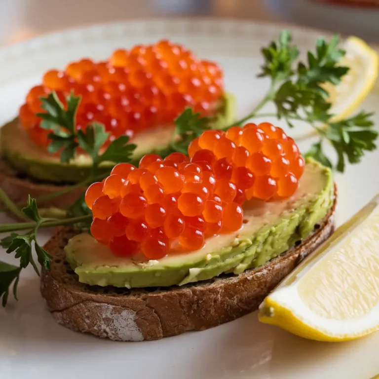 A plate of salmon roe on avocado toast, garnished with parsley and a lemon wedge