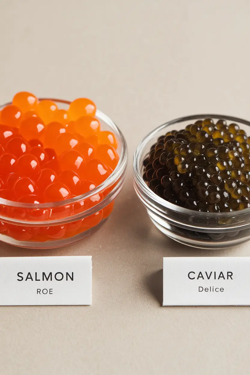 Side-by-side comparison of salmon roe and caviar showing their size, color, and texture differences.