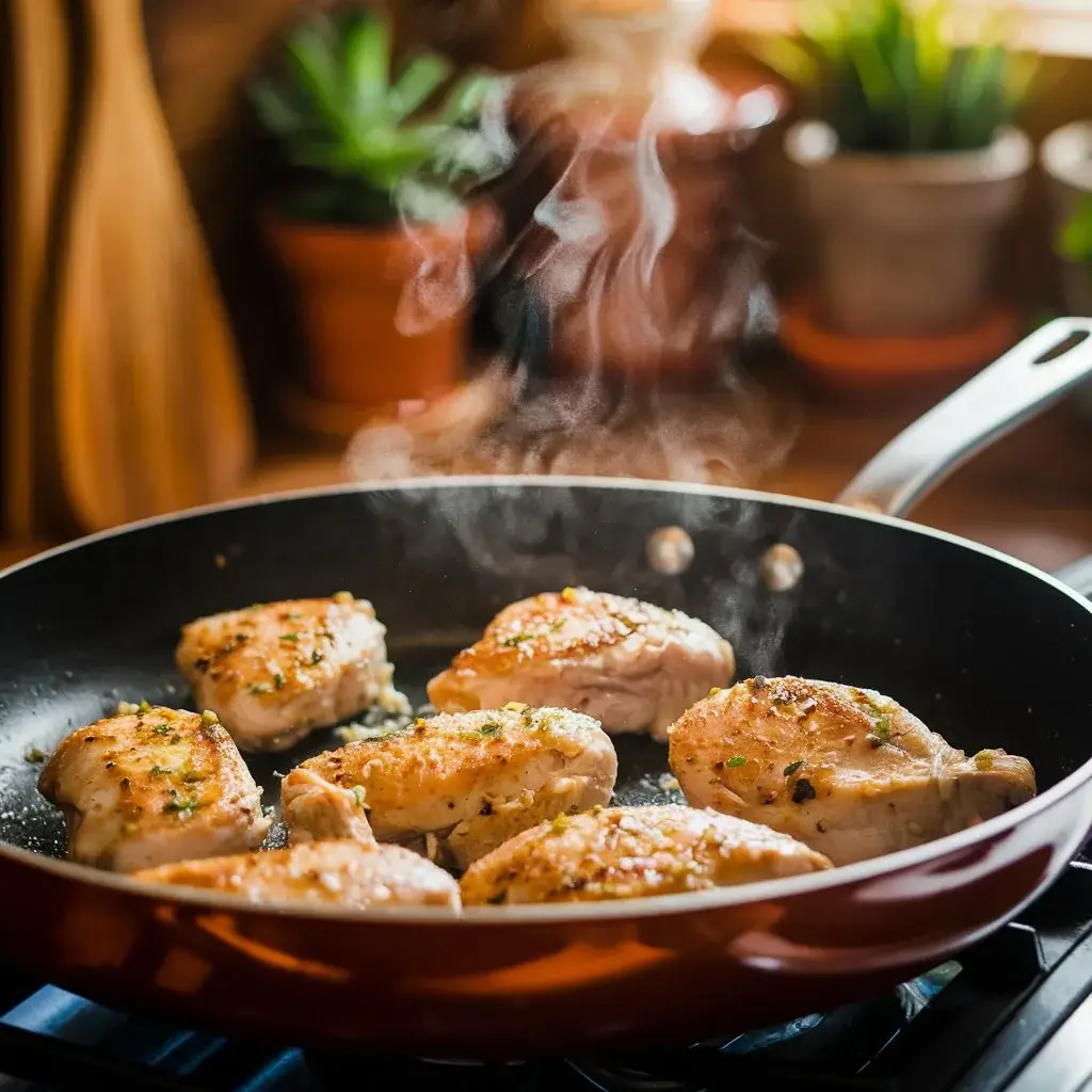 Chicken sautéed with garlic in a skillet.