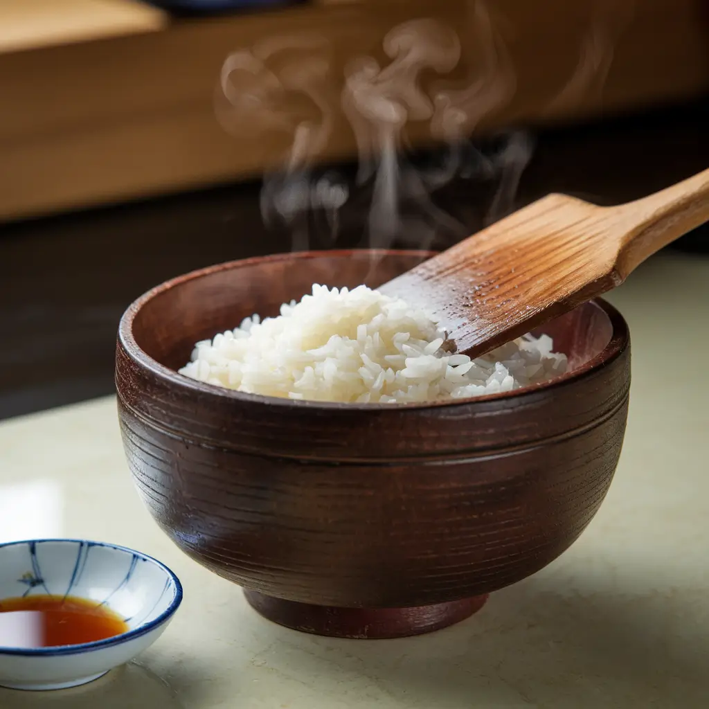 Steaming sushi rice being mixed in a wooden bowl with a rice paddle.