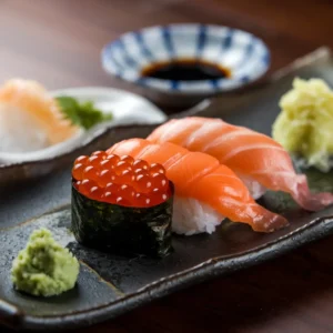 A plate of Gunkan-Maki and Nigiri salmon roe sushi, garnished with shiso leaves and soy sauce