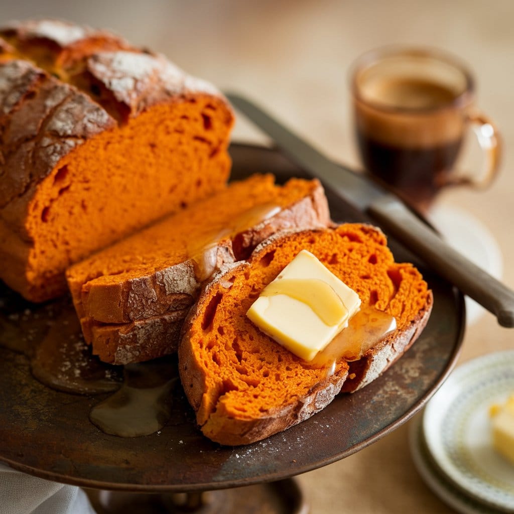 Sliced sweet potato bread served with butter and honey on a rustic platter