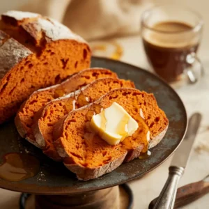 Sliced sweet potato bread served with butter and honey on a rustic platter.