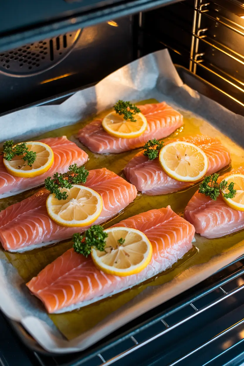 Steelhead trout fillets on a parchment-lined baking sheet inside an oven.