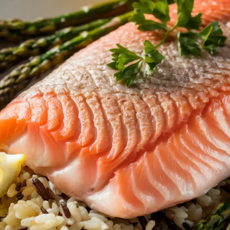 Plated steelhead trout with roasted asparagus and wild rice, garnished with lemon and parsley.