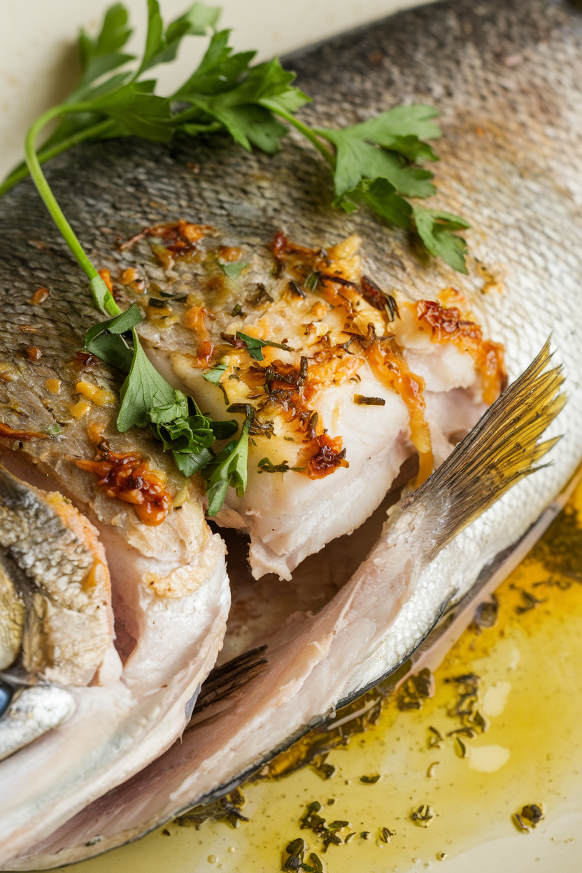 Close-up of crispy steelhead trout skin and flaky interior.