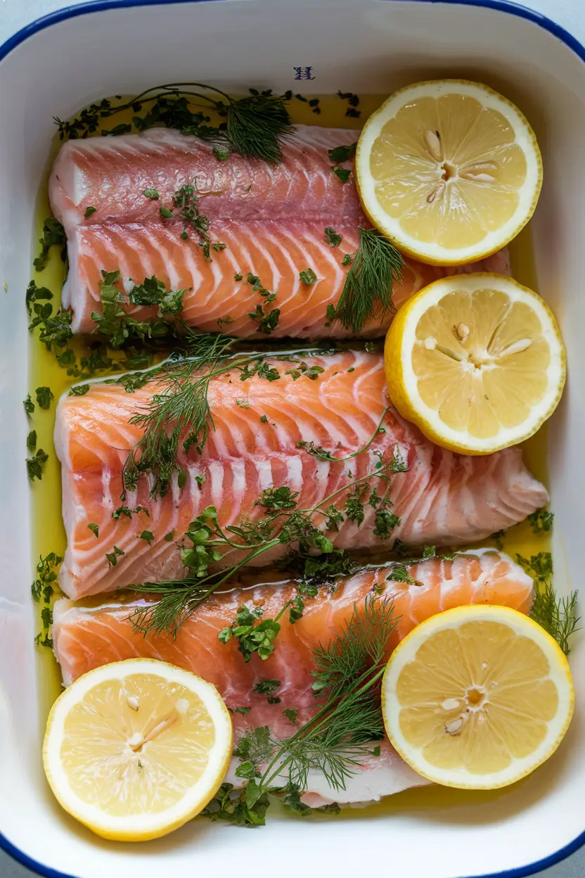 Steelhead trout fillets marinating in a lemon-herb sauce.